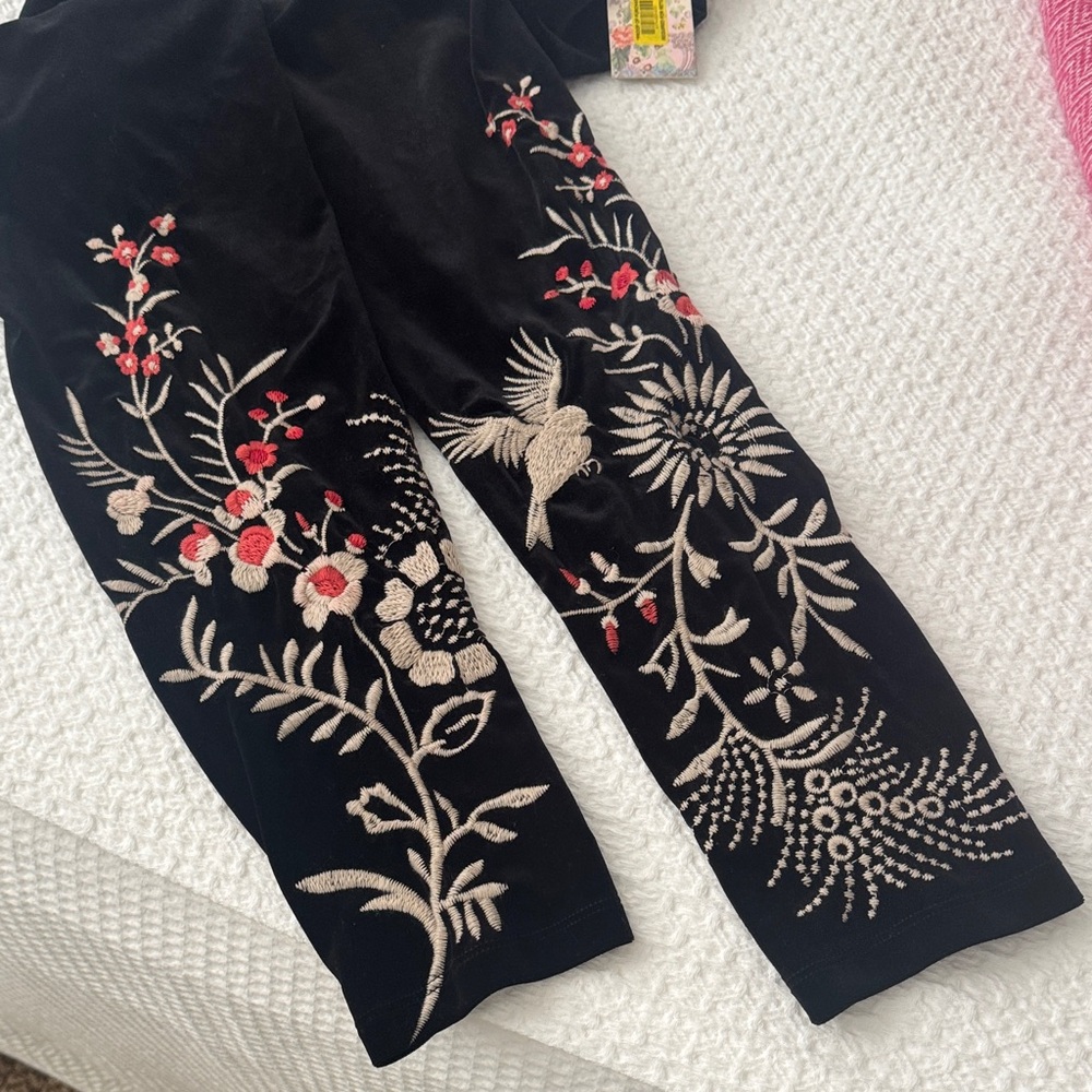 NWT Johnny Was Velvet Black Leggings with Red and Cream Embroidery